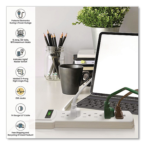GoGreen Power 6 Outlet Surge Protector, 6 ft Cord, 250 J, White (GG16106MS)