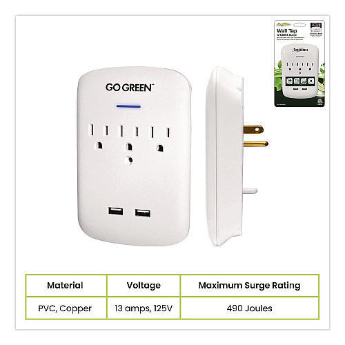 GoGreen Power 3 Outlet 2 USB Wall Tap, 735 J, White (GG13000USB2)