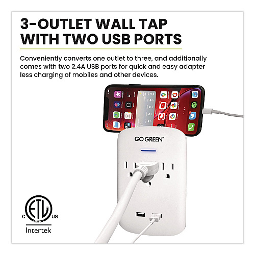 GoGreen Power 3 Outlet 2 USB Wall Tap, 735 J, White (GG13000USB2)