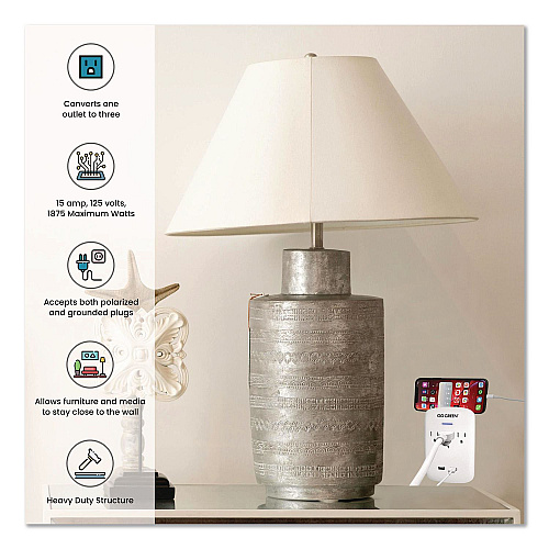 GoGreen Power 3 Outlet 2 USB Wall Tap, 735 J, White (GG13000USB2)