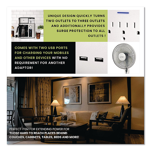 GoGreen Power 3 Outlet 2 USB Wall Tap, 735 J, White (GG13000USB2)
