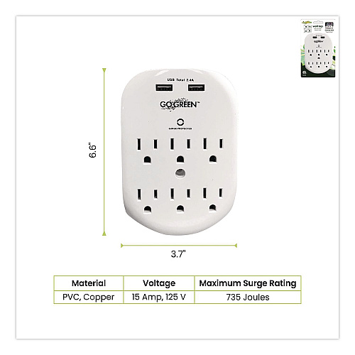 GoGreen Power 6 Outlet 4 USB Wall Tap, 735 J, White (GG16000USB4)