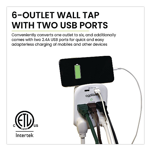 GoGreen Power 6 Outlet 4 USB Wall Tap, 735 J, White (GG16000USB4)