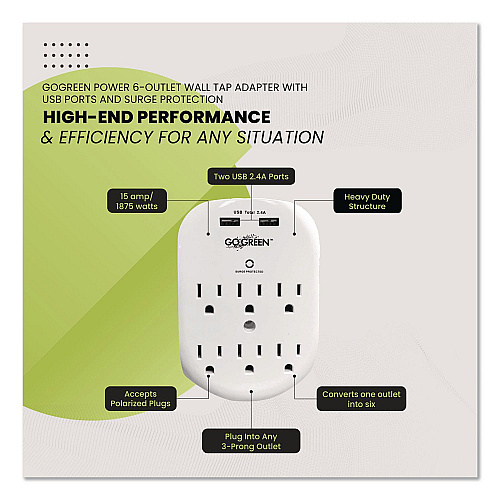 GoGreen Power 6 Outlet 4 USB Wall Tap, 735 J, White (GG16000USB4)
