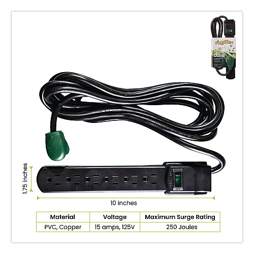 GoGreen Power 6 Outlet Surge Protector, 6 ft Cord, 250 J, Black (GG16106MSBK)
