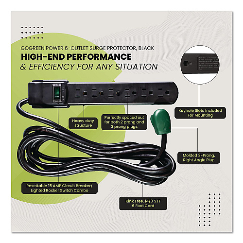 GoGreen Power 6 Outlet Surge Protector, 6 ft Cord, 250 J, Black (GG16106MSBK)