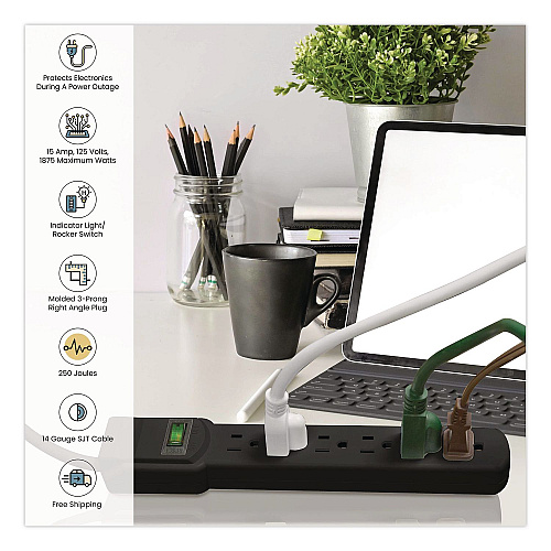 GoGreen Power 6 Outlet Surge Protector, 6 ft Cord, 250 J, Black (GG16106MSBK)