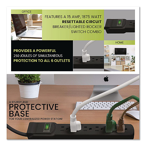 GoGreen Power 6 Outlet Surge Protector, 6 ft Cord, 250 J, Black (GG16106MSBK)