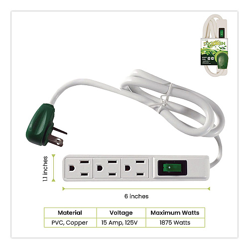 GoGreen Power 3 Outlet Power Strip, 2.5 ft Cord, White, 3/Pack (GG13002MS3)