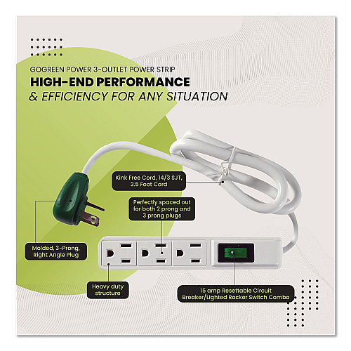 GoGreen Power 3 Outlet Power Strip, 2.5 ft Cord, White, 3/Pack (GG13002MS3)