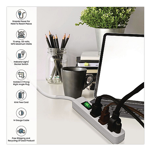 GoGreen Power 3 Outlet Power Strip, 2.5 ft Cord, White, 3/Pack (GG13002MS3)