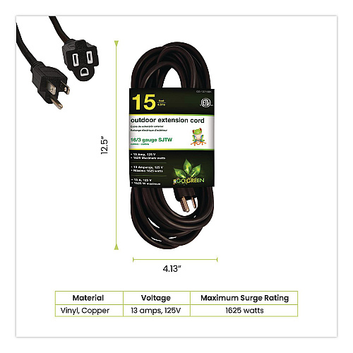 GoGreen Power 16 AWG Outdoor Extension Cord, 15 ft, 13 A, Black (GG13715BK)