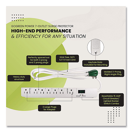 GoGreen Power 7 Outlet Surge Protector, 6 ft Cord, 1,200 J, White (GG17636)