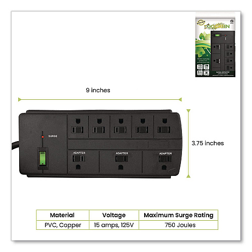 GoGreen Power 8 Outlet Surge Protector, 6 ft Cord, 750 J, Black (GG18316BK)