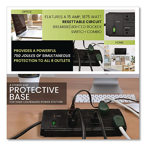 GoGreen Power 8 Outlet Surge Protector, 6 ft Cord, 750 J, Black (GG18316BK)