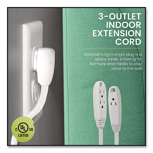 GoGreen Power 3 Outlet Indoor Extension Cord, 15 ft, 13 A, White (GG19615)