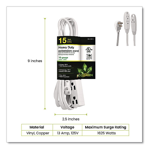 GoGreen Power 3 Outlet Indoor Extension Cord, 15 ft, 13 A, White (GG19615)