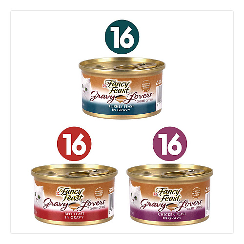 Fancy Feast Gravy Lovers Poultry and Beef Variety Pack, Assorted Flavors, 3 oz Can, 48/Carton (22002666)