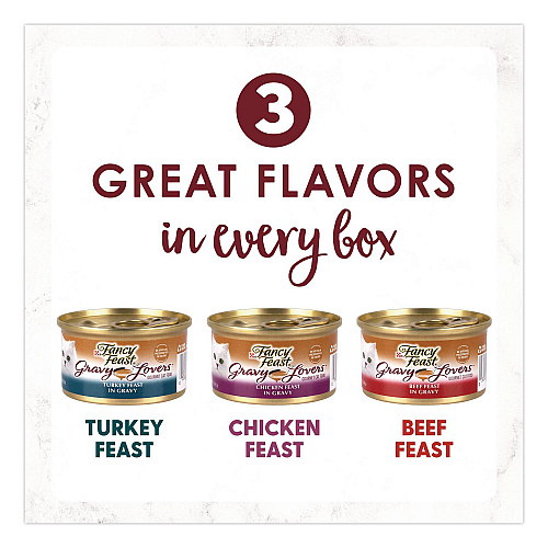 Fancy Feast Gravy Lovers Poultry and Beef Variety Pack, Assorted Flavors, 3 oz Can, 48/Carton (22002666)