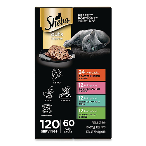 Sheba Perfect Portions Variety Twin Packs, Assorted Flavors, 1.32 oz Can, 60/Carton (22002668)