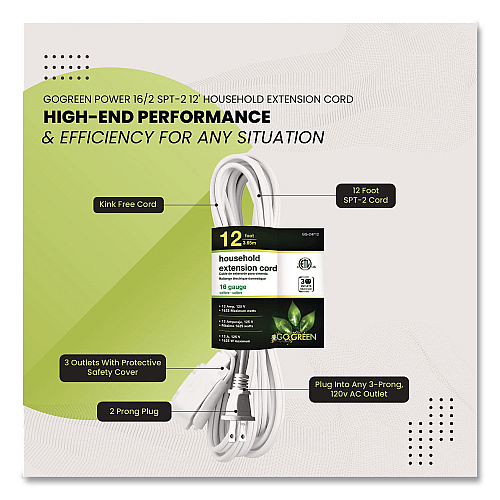 GoGreen Power Household Extension Cord, 12 ft, 13 A, White, 3/Pack (GG247123)
