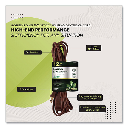 GoGreen Power Household Extension Cord, 12 ft, 13 A, Brown, 3/Pack (GG248123)