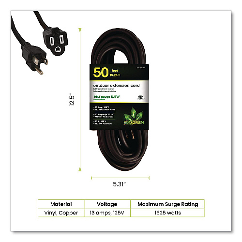 GoGreen Power 16 AWG Outdoor Extension Cord, 50 ft, 13 A,  Black (GG13750BK)