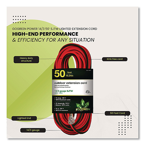 GoGreen Power 14 AWG Outdoor Extensioin Cord, 50 ft, 15 A, Orange (GG13850)