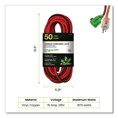 GoGreen Power 14 AWG Outdoor Extensioin Cord, 50 ft, 15 A, Orange (GG13850)