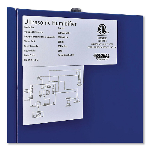 Global Industrial Ultrasonic Humidifier, 38 Pint Tank Capacity, 13.75 x 23.62 x 18.25, 150 Pint Output, Blue (246136)
