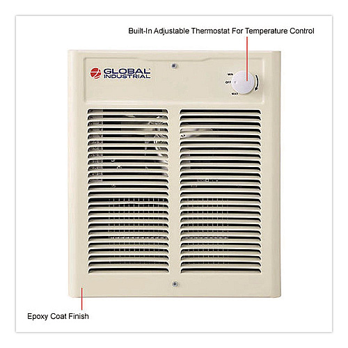 Global Industrial Fan Forced Wall Heater, Shaded Pole Motor, 1,500 W, 10.63 x 4.75 x 12.25, White (246744)