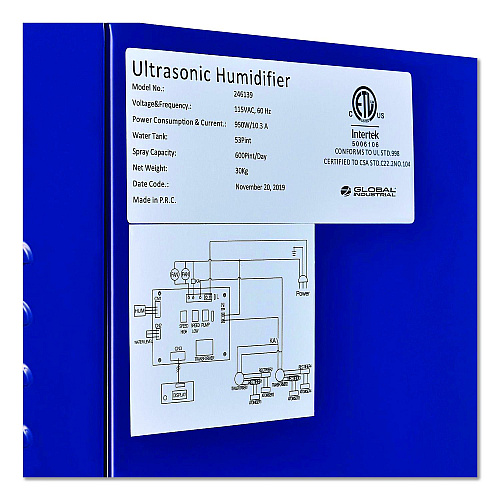 Global Industrial Ultrasonic Humidifier, Cool Mist with Dual Output, 53 pt Tank Capacity, 18.25 x 24.75 x 22.25, Blue (246138)
