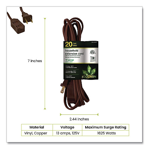 GoGreen Power Household Extension Cord, 20 ft, 13 A, Brown, 3/Pack (GG248203)