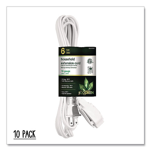 GoGreen Power Household Extension Cord, 6 ft, 13 A, White 10/Pack (GG2470610)