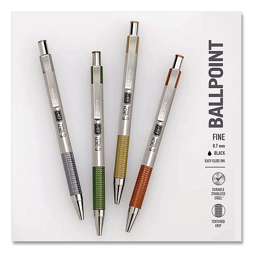 Zebra F-301 Signature Series Earthy Tones Ballpoint Pen, Retractable, Fine 0.7 mm, Black Ink, Assorted Earthy Tones Barrel, 4/Pack (27304)