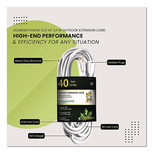 GoGreen Power 16 AWG Outdoor Extension Cord, 40 ft, 13 A, White (GG13740WH)