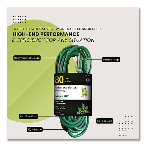 GoGreen Power 16 AWG Outdoor Extension Cord, 80 ft, 10 A, Green (GG13780GN)