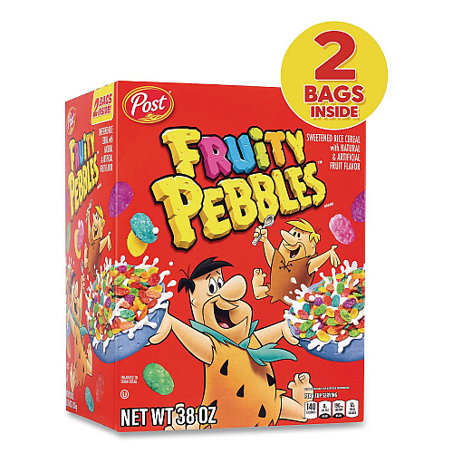 Post Fruity Pebbles Crispy Rice Cereal, 2 Bags/Box, 38 oz Box (22002627)