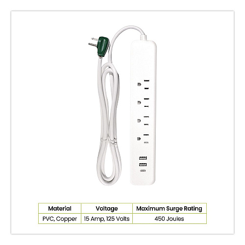 GoGreen Power Four-Outlet Surge Protector with Three USB Ports, 4 ft Cord Length Cord, 450 J, White (GG1462USBC)