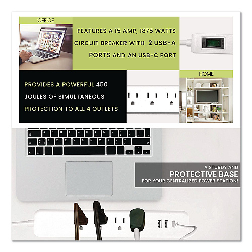 GoGreen Power Four-Outlet Surge Protector with Three USB Ports, 4 ft Cord Length Cord, 450 J, White (GG1462USBC)