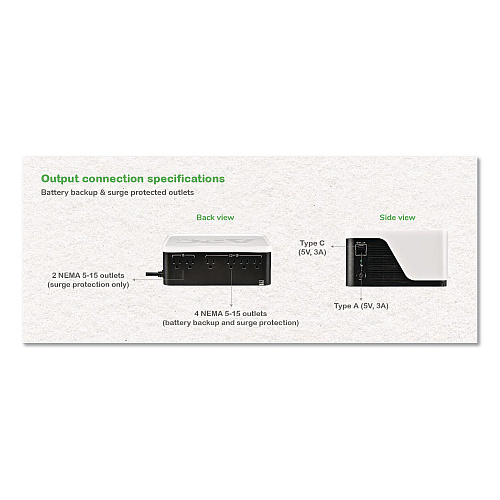 APC Back-UPS BE500G3 Battery Backup System, 6 Outlets, 500 VA, 490 J