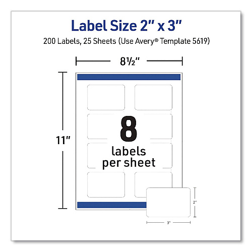 Avery Rectangular Labels with Sure Feed Technology, Inkjet/Laser, 2 x 3, Matte White, 8 Labels/Sheet, 25 Sheets/Pack (05619)