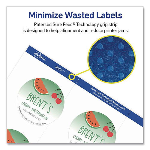 Avery Waterproof Round Labels with Sure Feed Technology, Laser/Pigment-Based Inkjet, 2" dia, Matte White, 12/Sheet, 8 Sheets/Pack (05657)