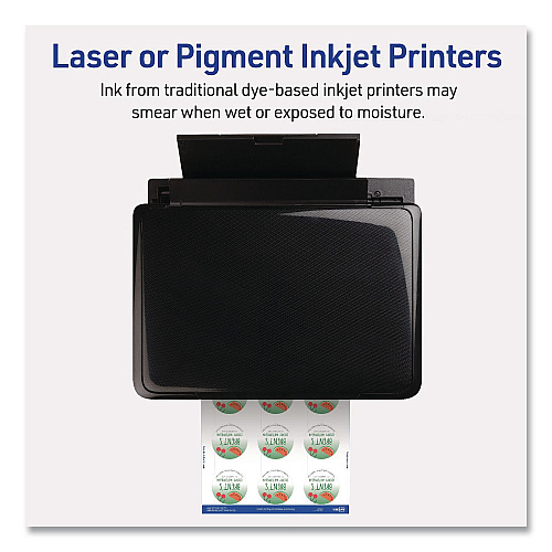 Avery Waterproof Round Labels with Sure Feed Technology, Laser/Pigment-Based Inkjet, 2" dia, Matte White, 12/Sheet, 8 Sheets/Pack (05657)