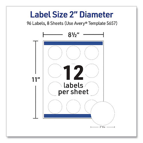 Avery Waterproof Round Labels with Sure Feed Technology, Laser/Pigment-Based Inkjet, 2" dia, Matte White, 12/Sheet, 8 Sheets/Pack (05657)