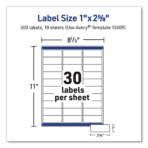 Avery Waterproof Film Address Labels with Sure Feed Technology. Laser, 1 x 2.63, White, 30/Sheet, 10 Sheets/Pack (15509)