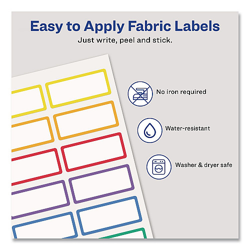 Avery No-Iron Fabric Labels, Rainbow Border, Handwrite Only, 0.75 x 1.75, White, 12/Sheet, 2 Sheets/Pack (40706)