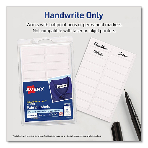 Avery No-Iron Fabric Labels, Handwrite Only, 0.5 x 1.75, White, 18/Sheet, 10 Sheets/Pack (40721)