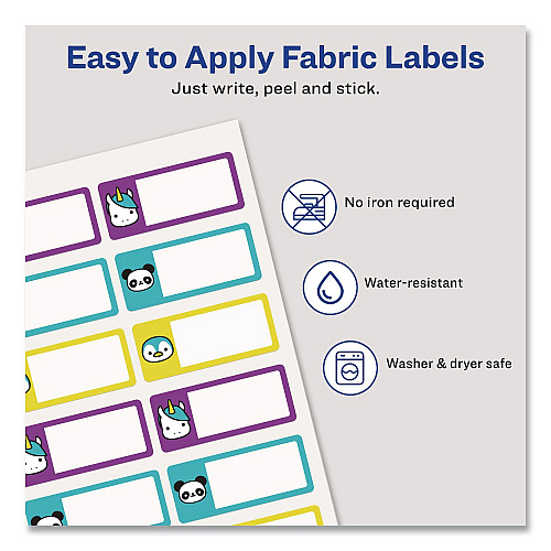 Avery No-Iron Fabric Labels, Character/Colored Border, Handwrite Only, 0.75 x 1.75, White, 12/Sheet, 2 Sheets/Pack (40770)