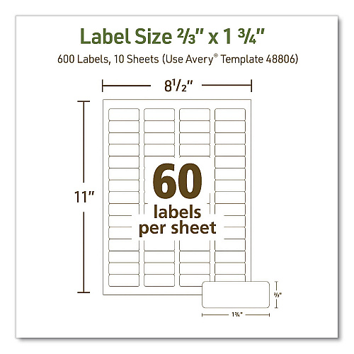 Avery EcoFriendly Recycled Return Address Labels, Inkjet/Laser, 0.66 x 1.75, White, 60/Sheet, 10 Sheets/Pack (48806)